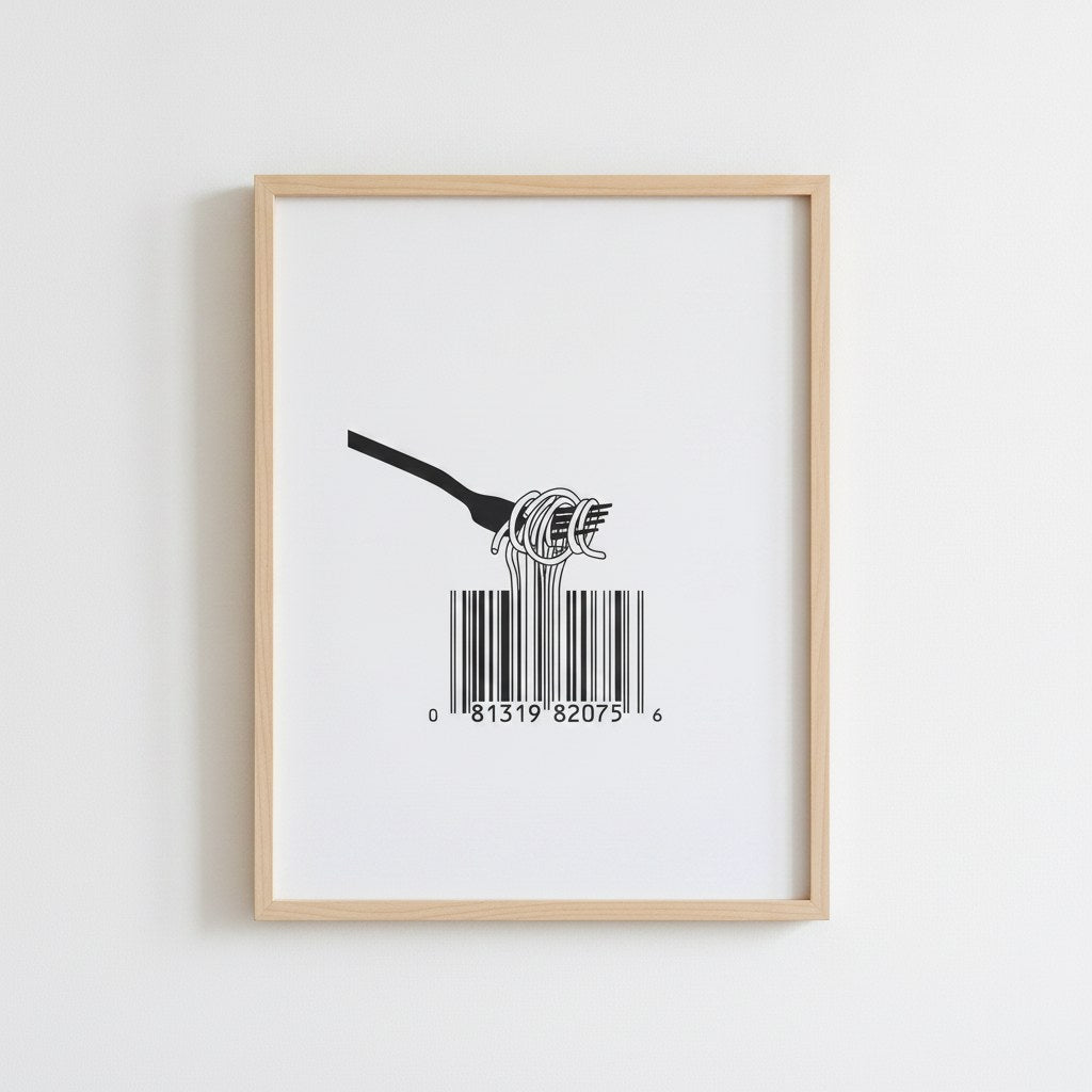 Çatalda spagetti ve barkod desenli minimalist poster, beyaz duvarda ahşap çerçeveli