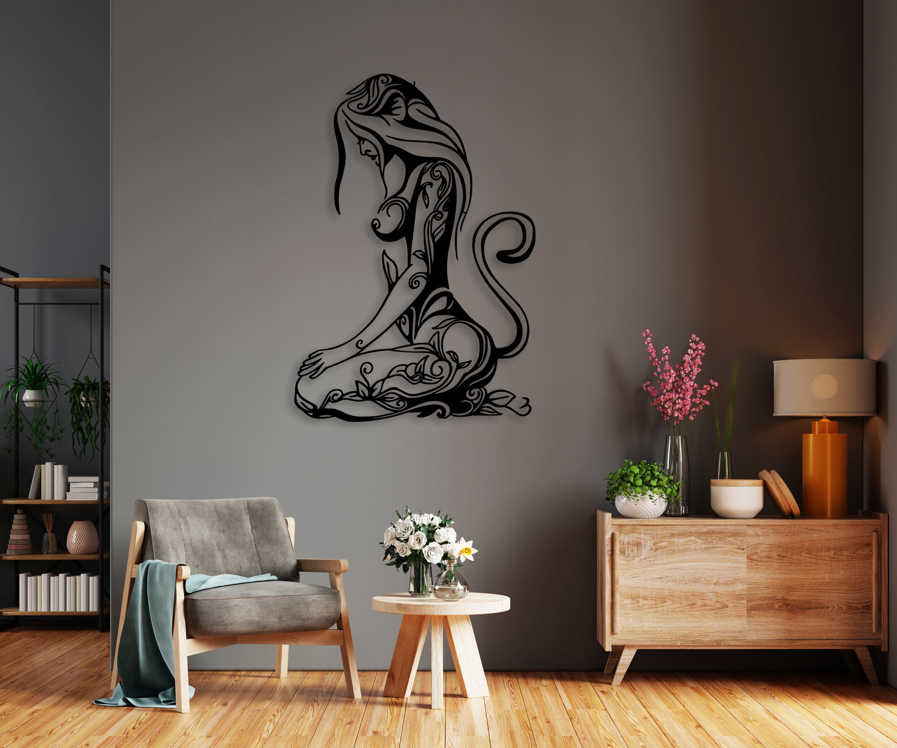 Çiçek Desenli Kadın Ahşap Duvar Dekoru