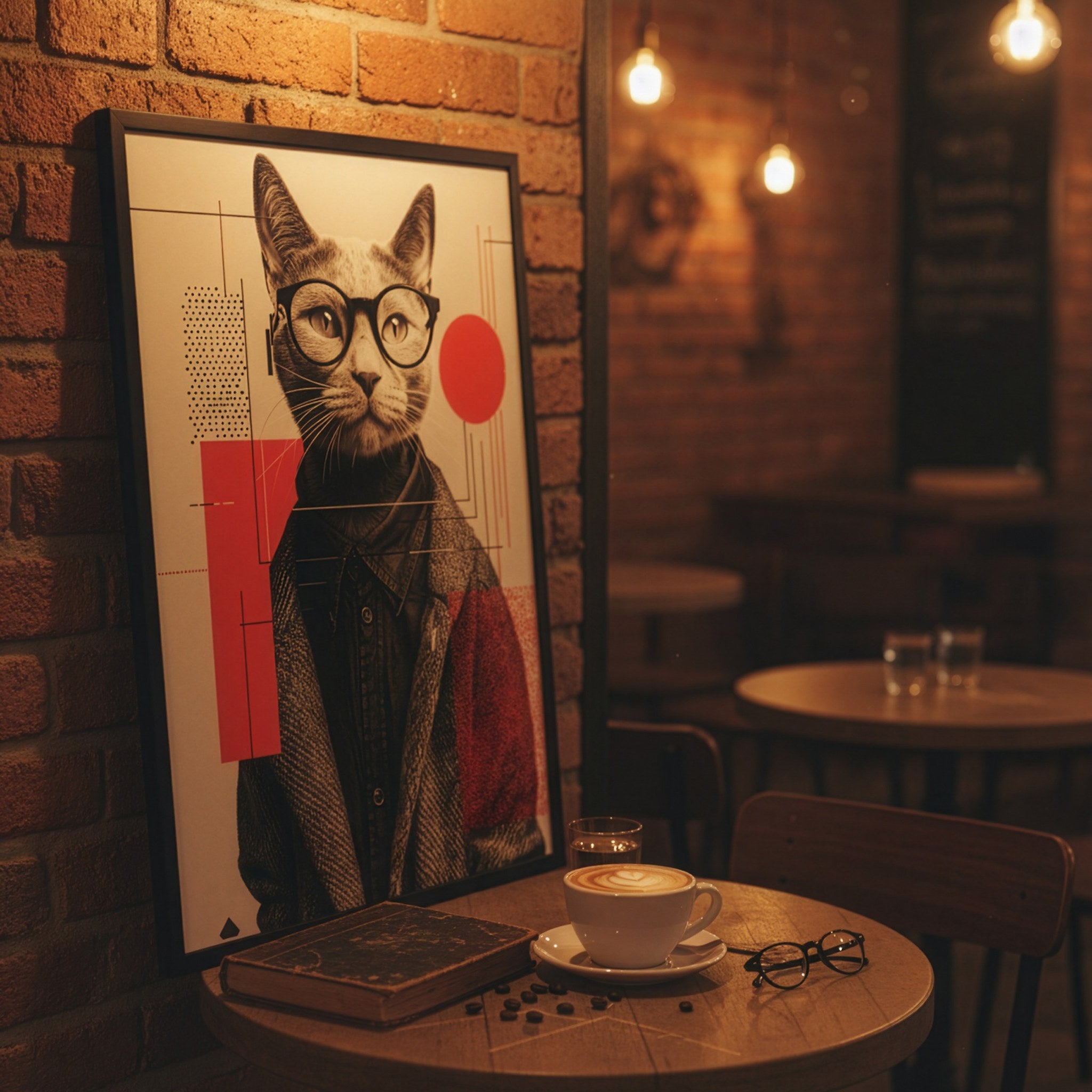 Ceketli kedi posteri, tuğla duvarda çerçeveli; önünde ahşap masa ve kahve fincanı