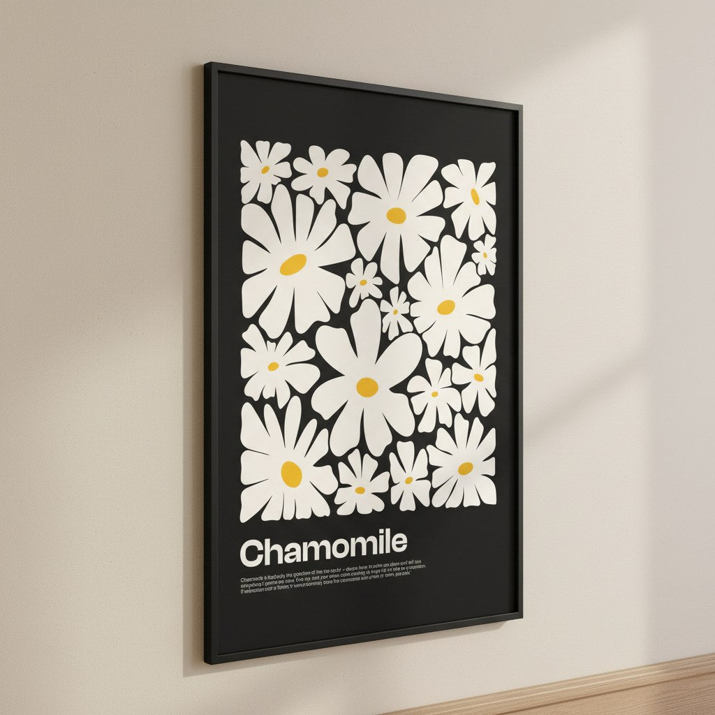 Chamomile çiçek posteri yakın açıdan, siyah çerçeve ve mat baskı dokusu