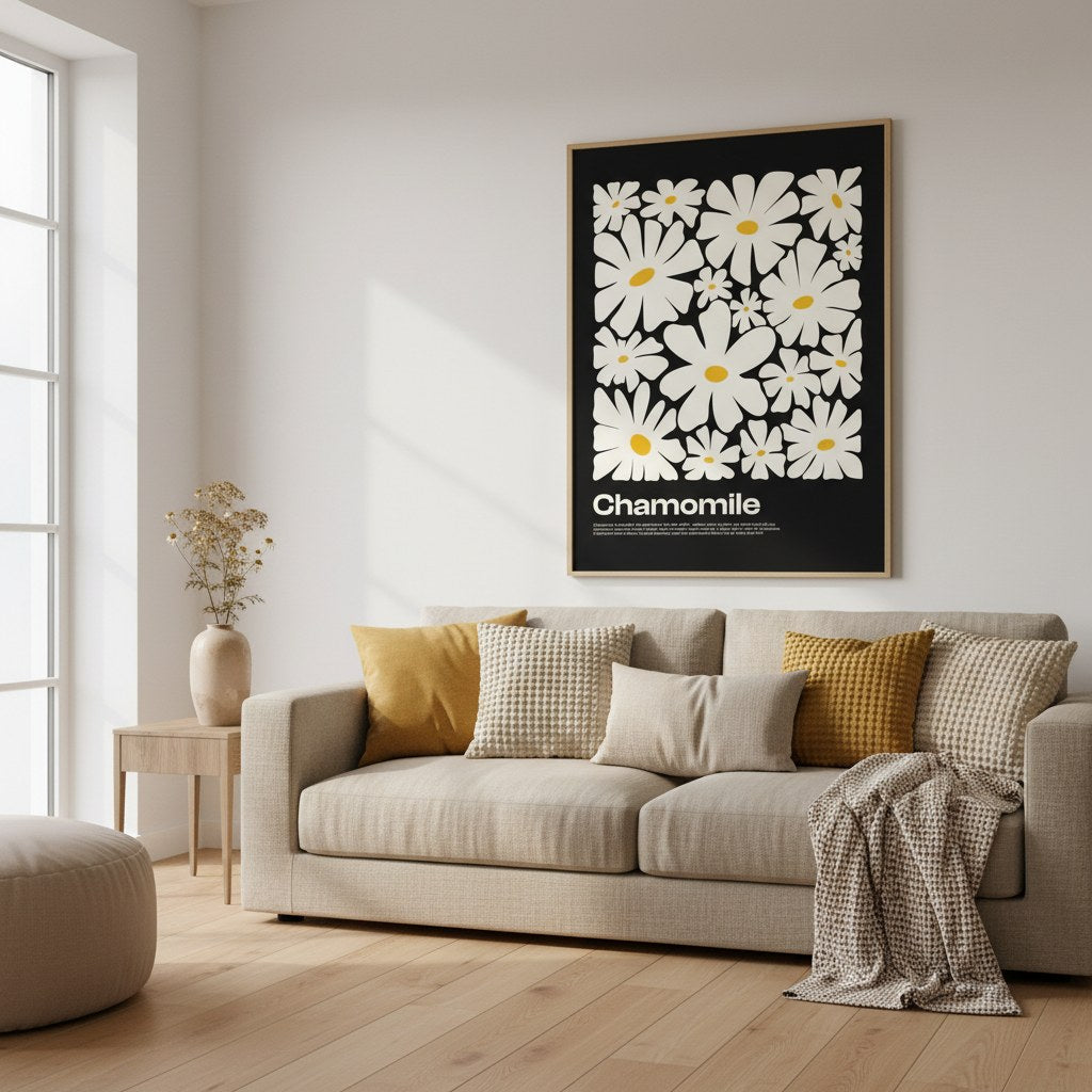 Chamomile posteri, oturma odasında bej kanepenin üzerinde ahşap çerçeveli