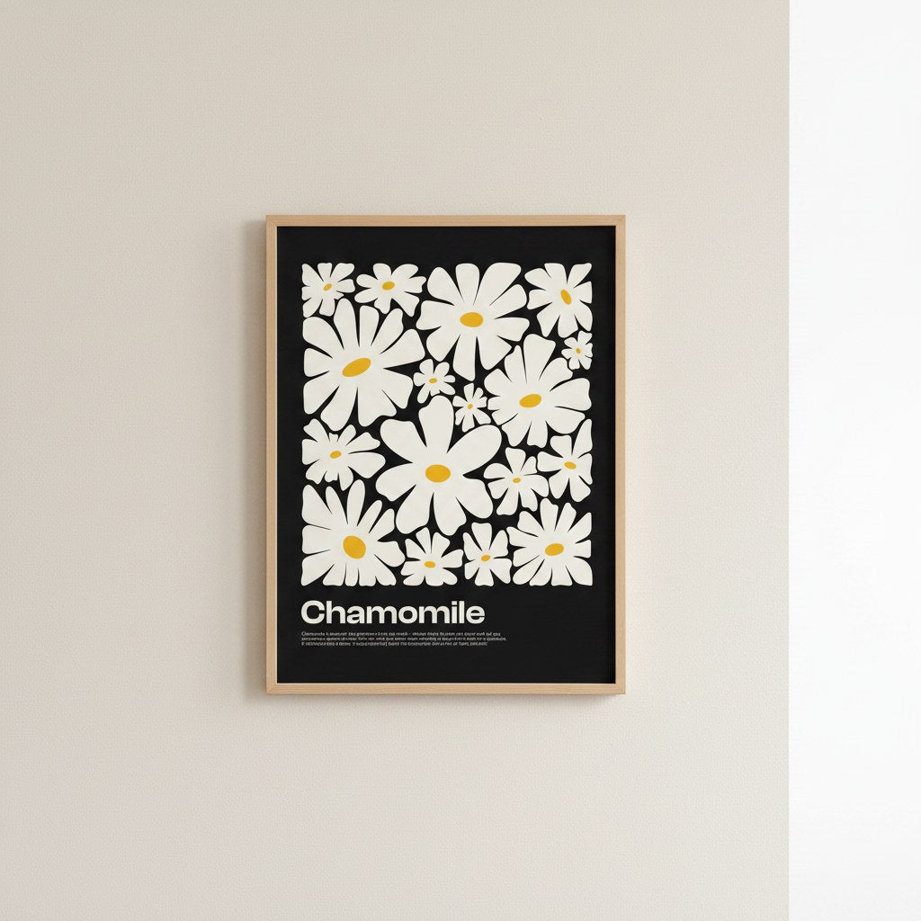 Chamomile papatya posteri, sade açık duvarda ince ahşap çerçeveli