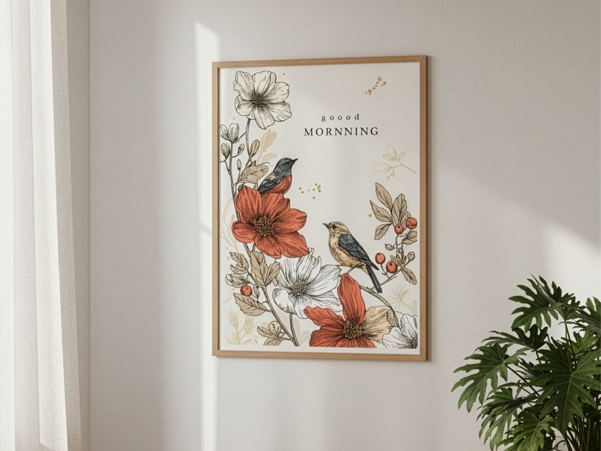 Çiçek dallarında iki kuş çizimi posteri, beyaz duvarda doğal ahşap çerçeveli