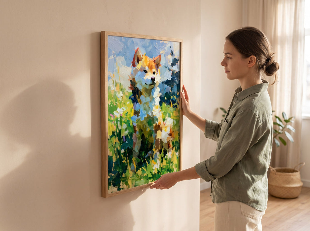 Shiba Inu posterini duvara yerleştiren kadın, doğal ahşap çerçeveli poster ölçü karşılaştırması
