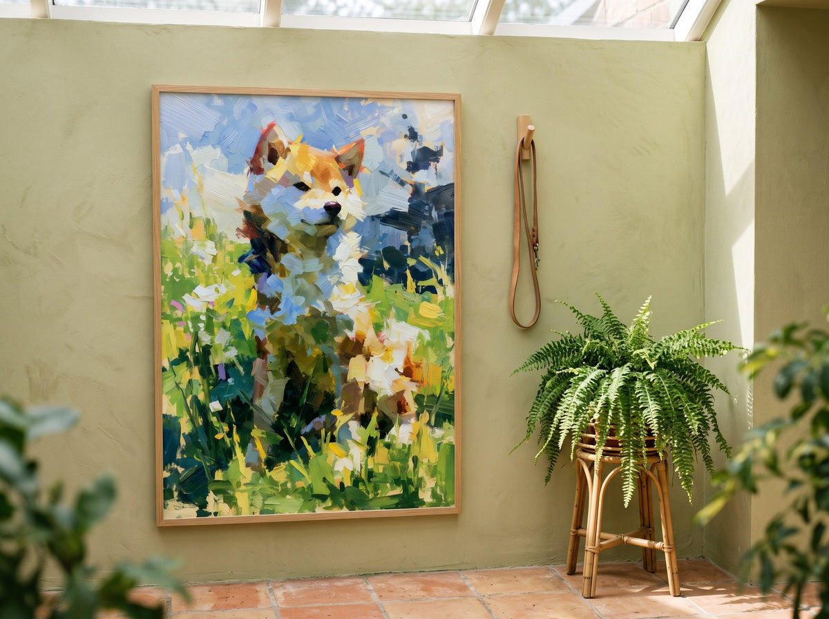 Shiba Inu köpek posteri, güneşli antrede deri tasma askısı ve eğrelti otu eşliğinde ahşap çerçeveli