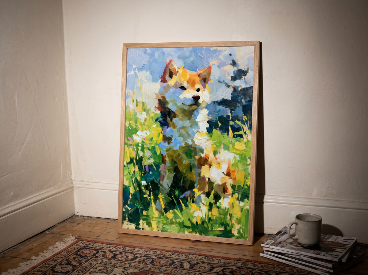 Spatula dokulu Shiba Inu posteri, eski ahşap zeminde halının üzerinde yere yaslanmış ahşap çerçeveli
