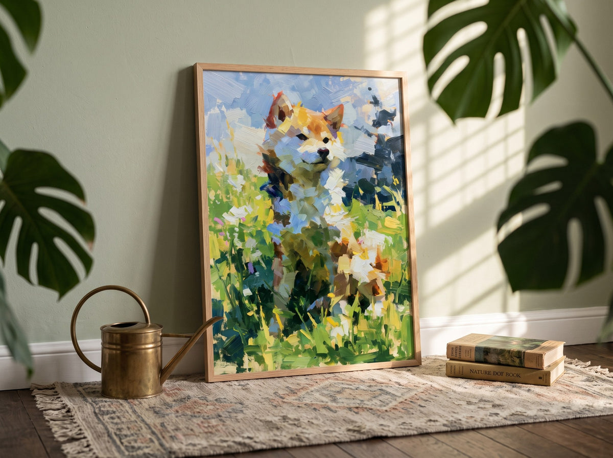 Çayırdaki Shiba Inu posteri, monstera gölgesinde kilimin üzerinde duvara yaslanmış ahşap çerçeveli