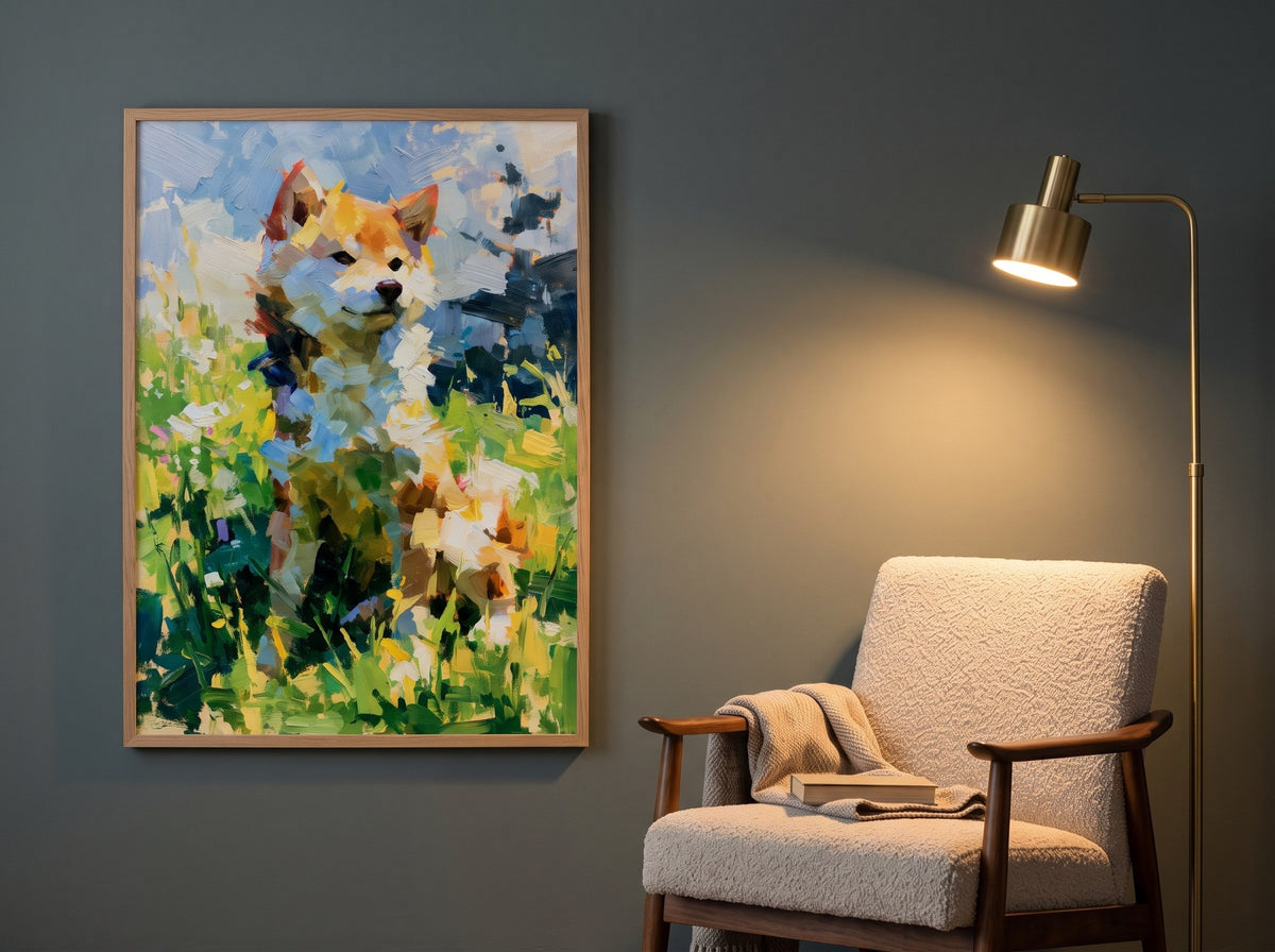 Renkli köpek portresi posteri, koyu gri duvarlı okuma köşesinde berjer ve lamba eşliğinde ahşap çerçeveli