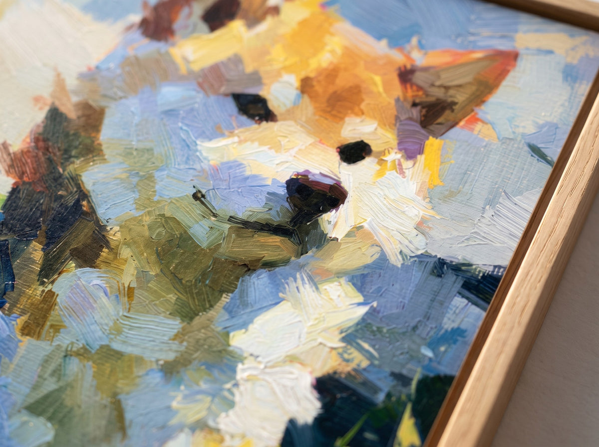 Shiba Inu yüzünün yakın çekimi, kalın spatula darbeli boya dokusu ve doğal ahşap çerçeve kenarı