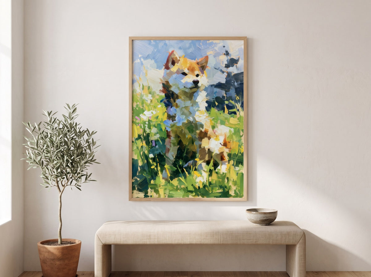 Çiçekli çayırda Shiba Inu posteri, salonda keten bank ve zeytin ağacı eşliğinde doğal ahşap çerçeveli