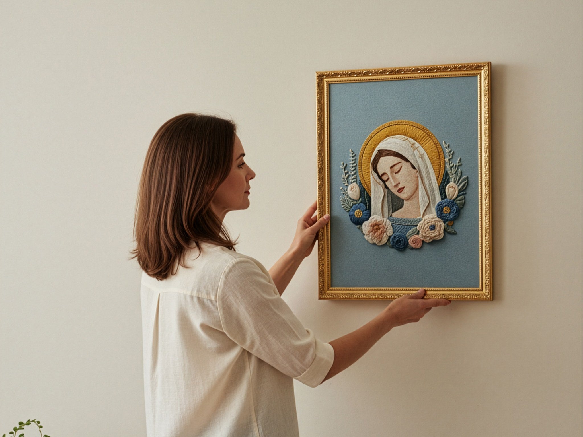 Çiçekli nakış portresi posteri, duvara asılırken ölçek gösterimi