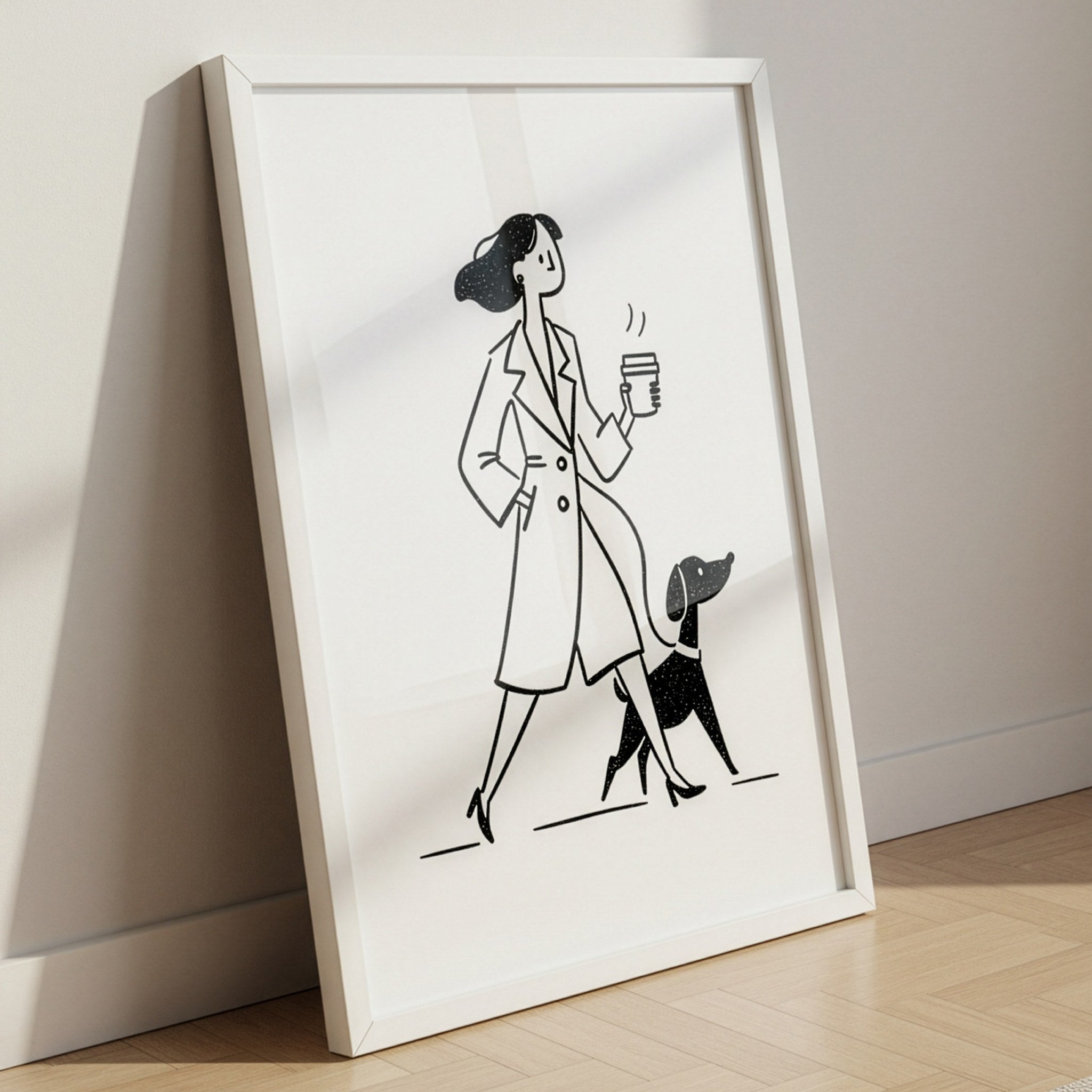 Köpekli kadın posteri, beyaz çerçevede balıksırtı parkeye yaslanmış