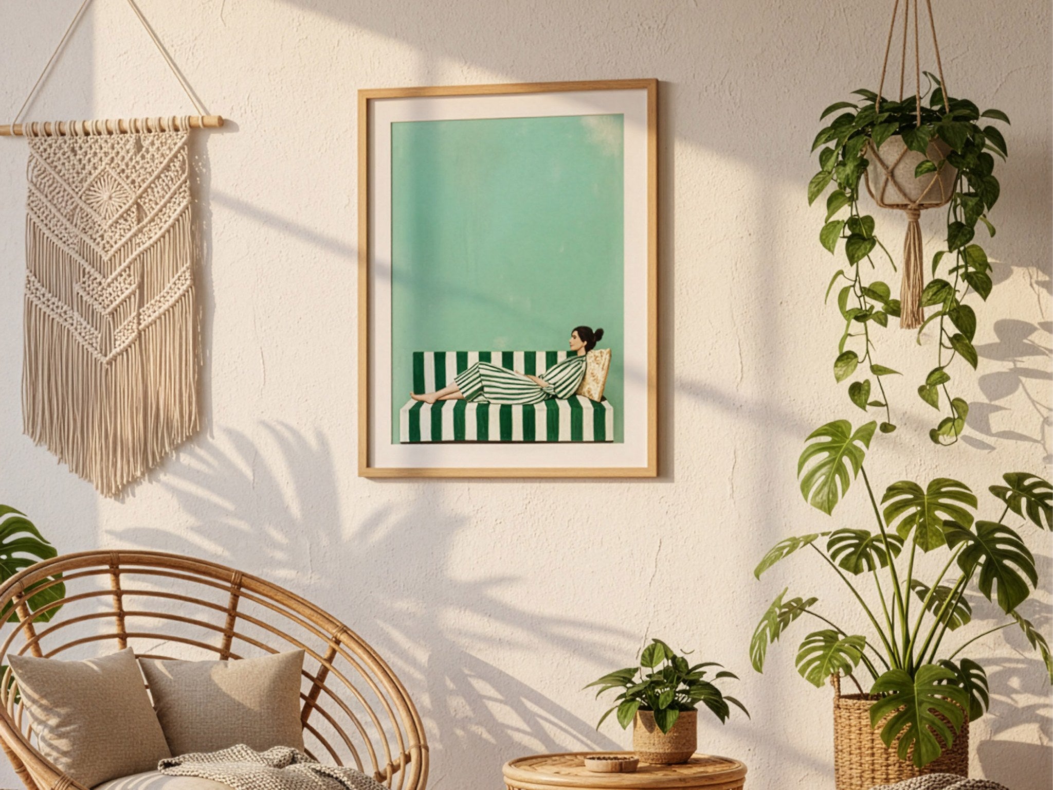 Yeşil tonlu minimalist poster, dokulu duvarda doğal ahşap çerçeveli, makrome ve bitkilerle