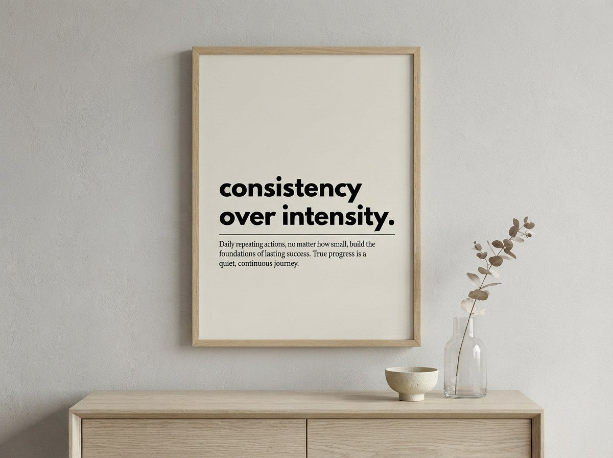 Consistency Over Intensity motivasyon posteri, konsolun üzerinde ahşap çerçeveli