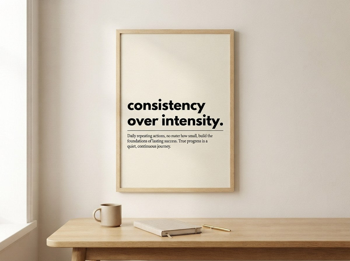 Minimalist tipografi posteri, çalışma masasının üzerinde ahşap çerçeveli