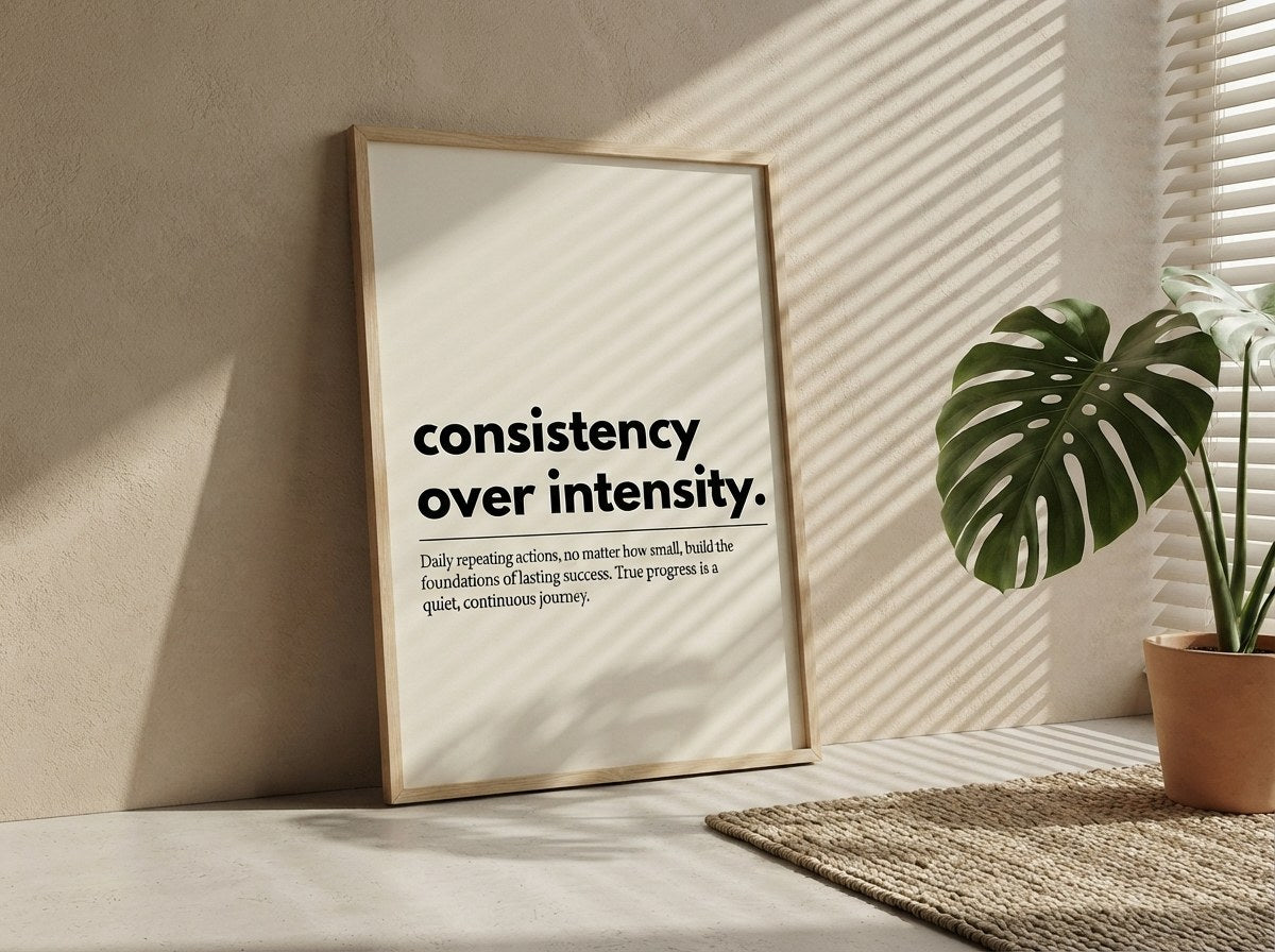 Minimalist motivasyon posteri, gün ışığı ve jaluzi gölgeleri içinde ahşap çerçeveli