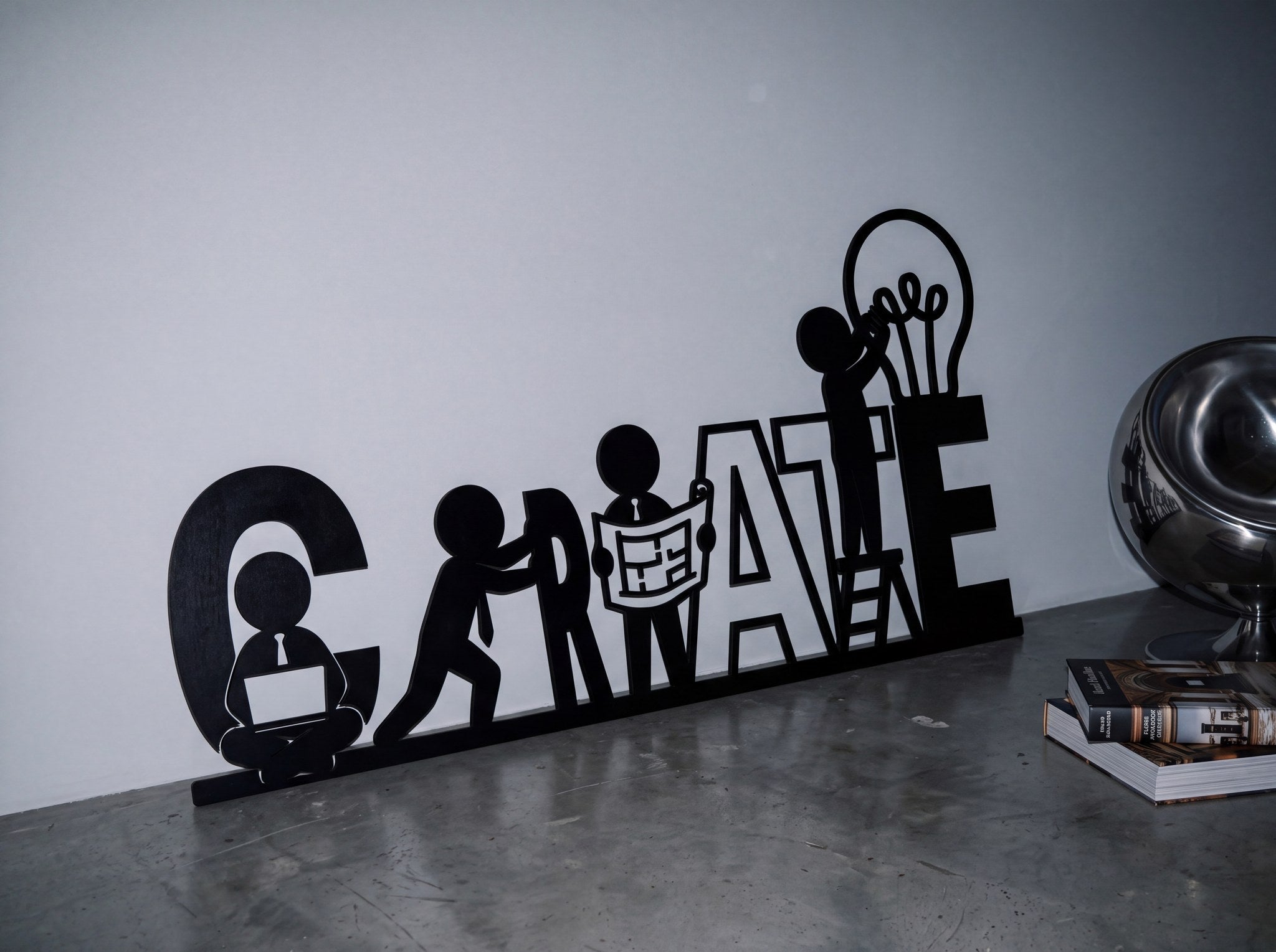 Create yazılı ahşap duvar dekoru, beton zeminde duvara yaslanmış hâlde yandan görünüm