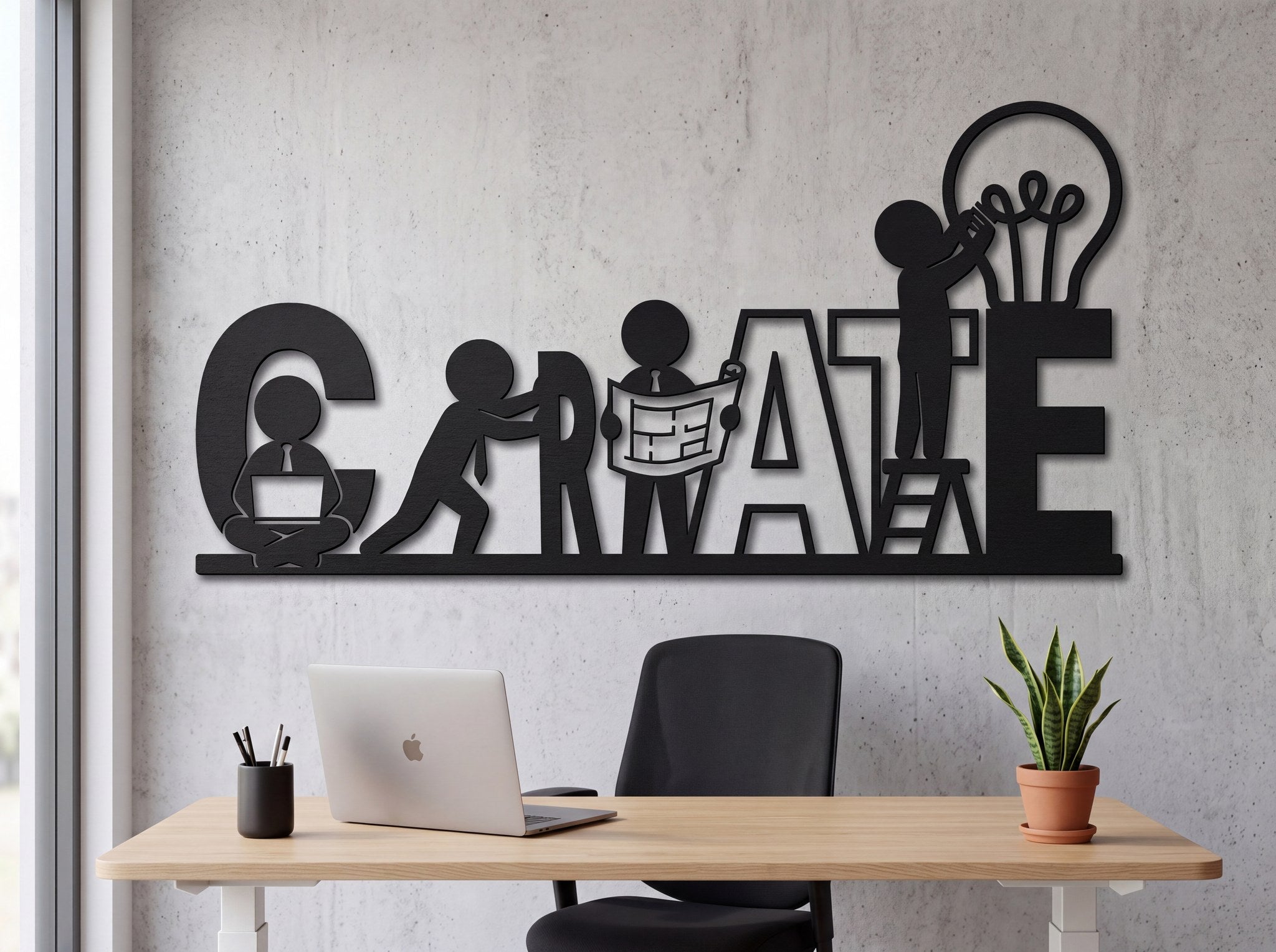Create yazılı ahşap ofis duvar dekoru, beton duvarda çalışma masası ve ofis koltuğunun üzerinde