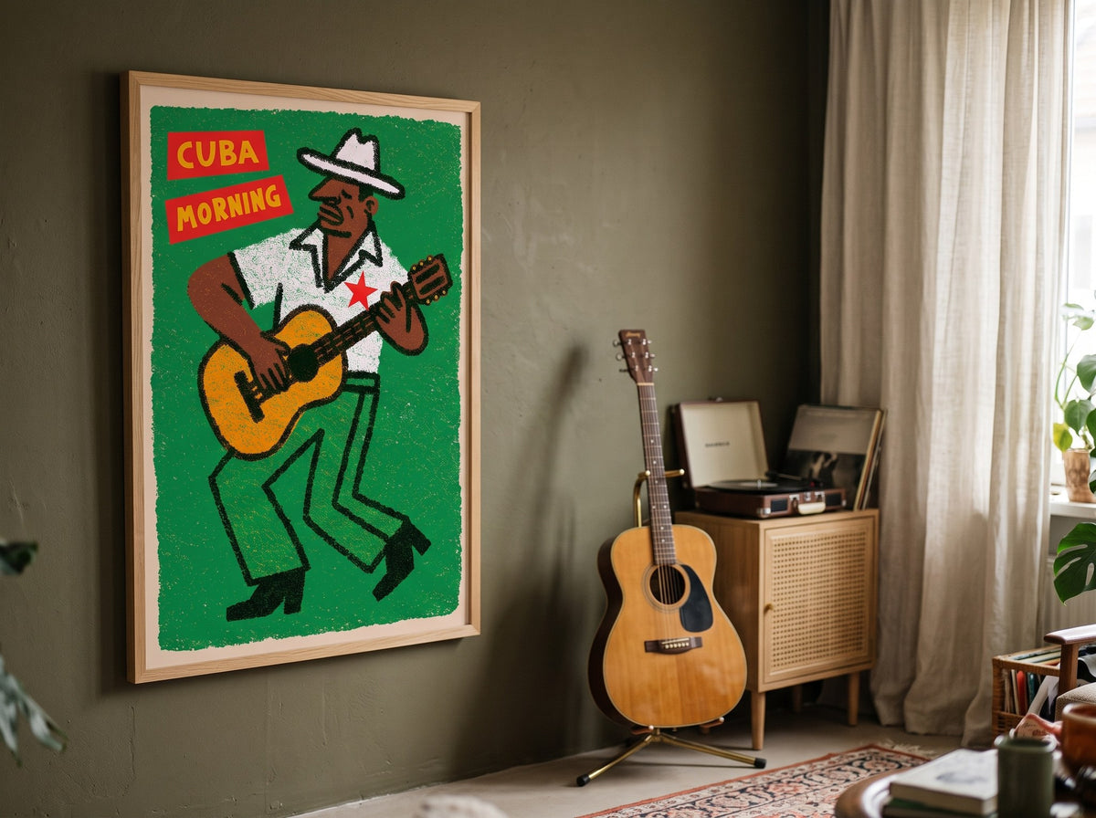 Yeşil zeminli gitarist posteri, haki duvarlı müzik köşesinde akustik gitar ve pikap dolabıyla birlikte
