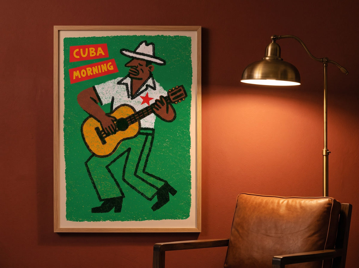 Cuba Morning müzik posteri, kiremit rengi duvarda lambader ışığı ve deri koltukla akşam atmosferinde