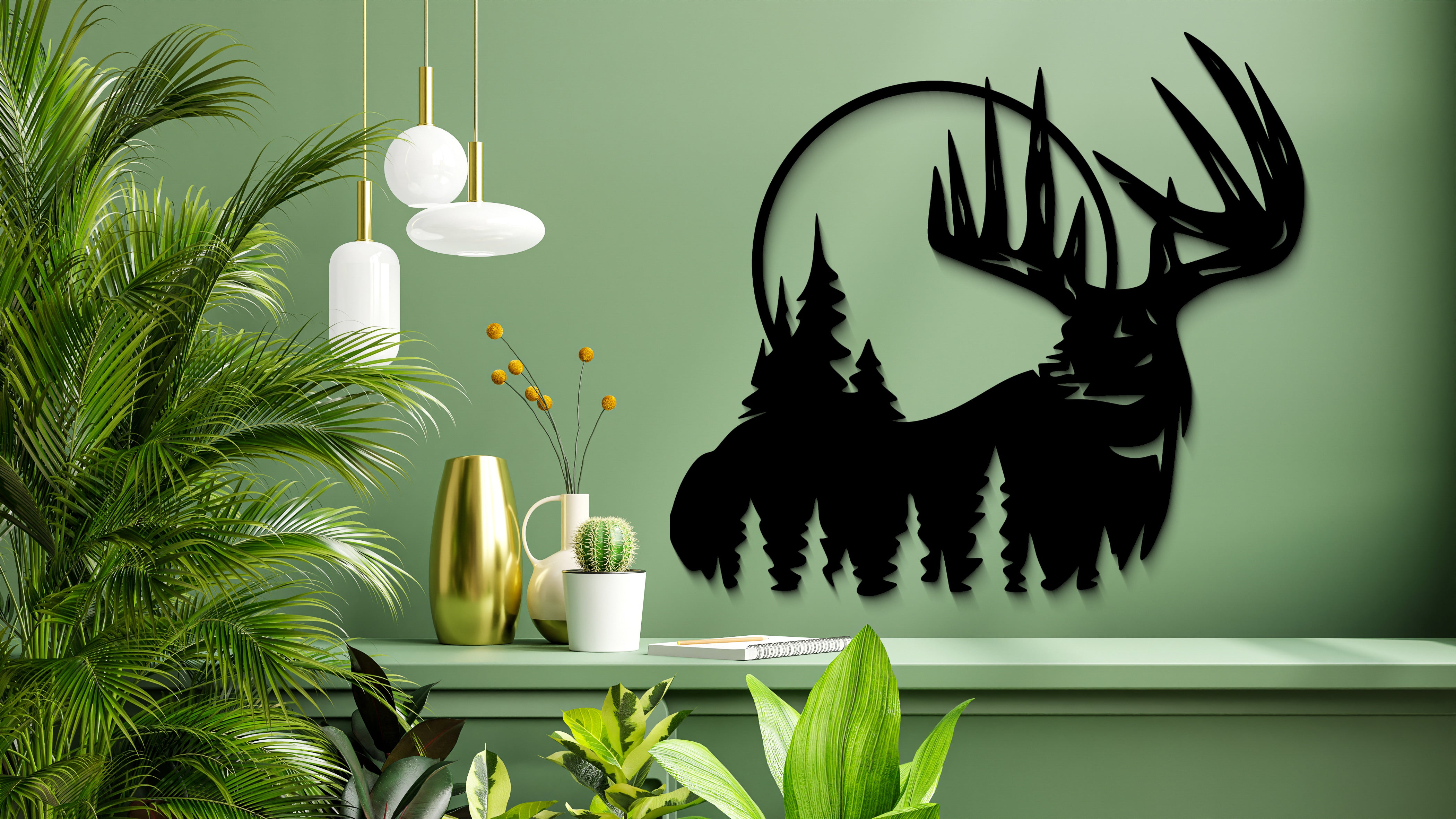 Geyik ve Çam Ağaçları Ahşap Duvar Tablosu