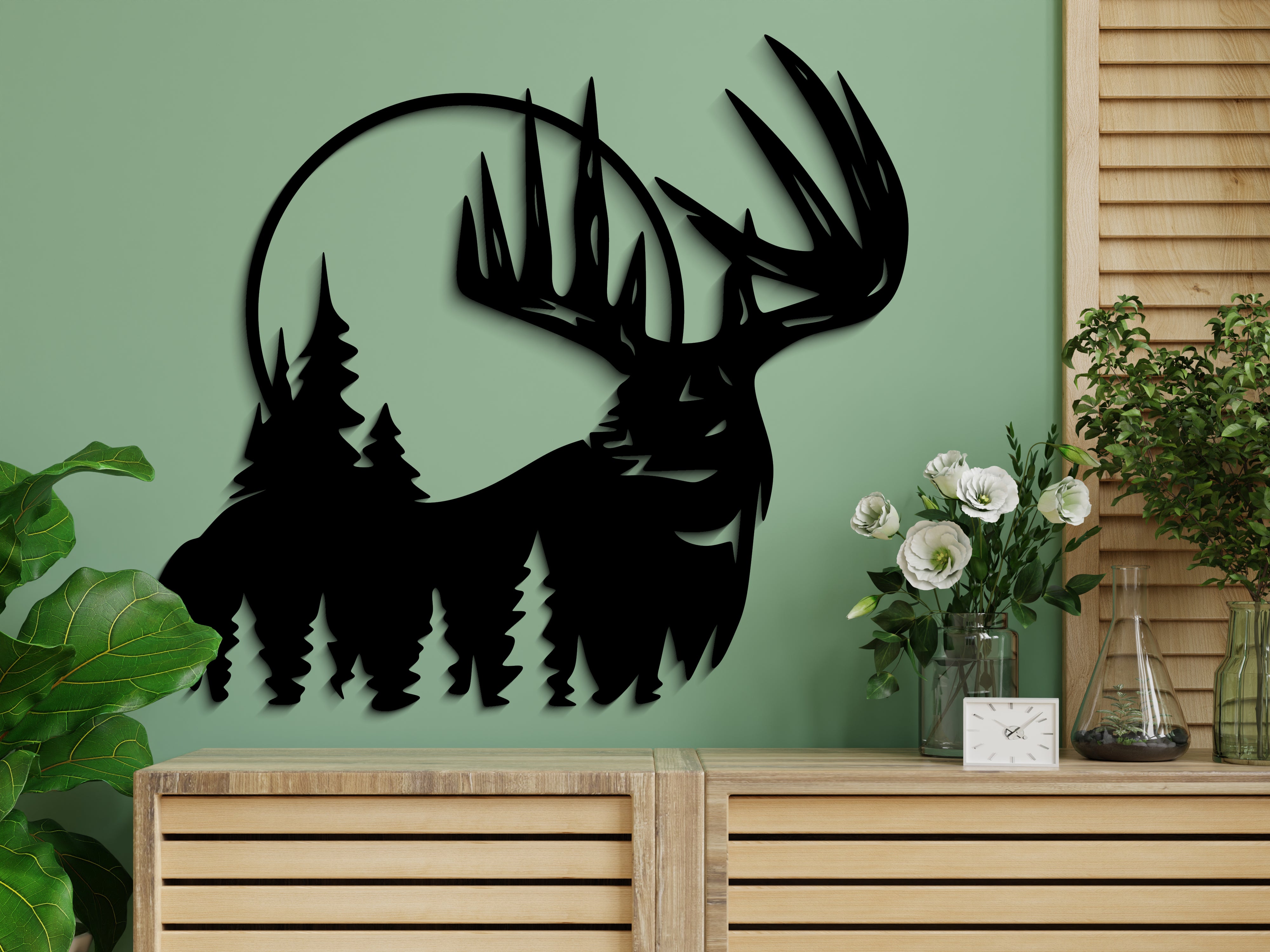 Geyik ve Çam Ağaçları Ahşap Duvar Tablosu