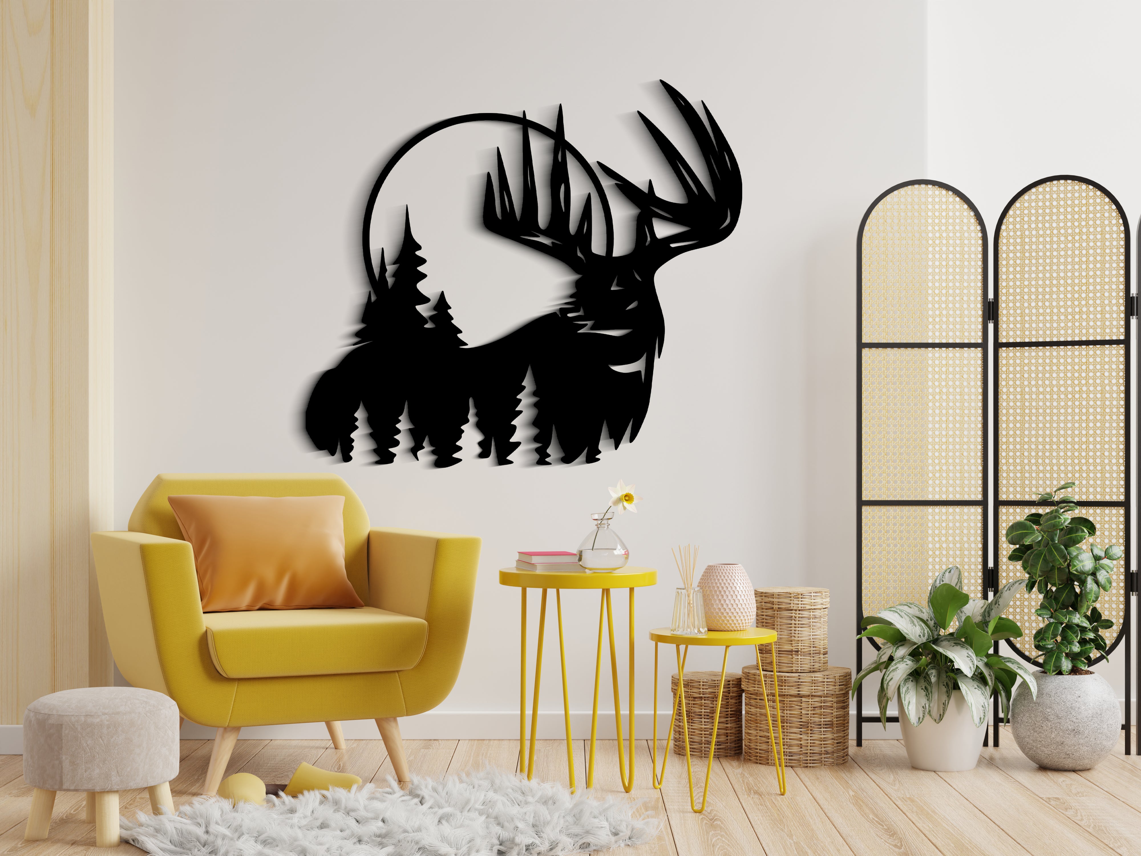 Geyik ve Çam Ağaçları Ahşap Duvar Tablosu