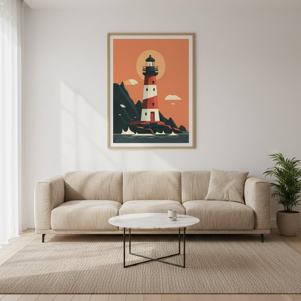 Deniz feneri posteri, salonda kanepe üzerinde ahşap çerçeveli