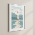 Minimalistischer Leuchtturm- und Strandposter