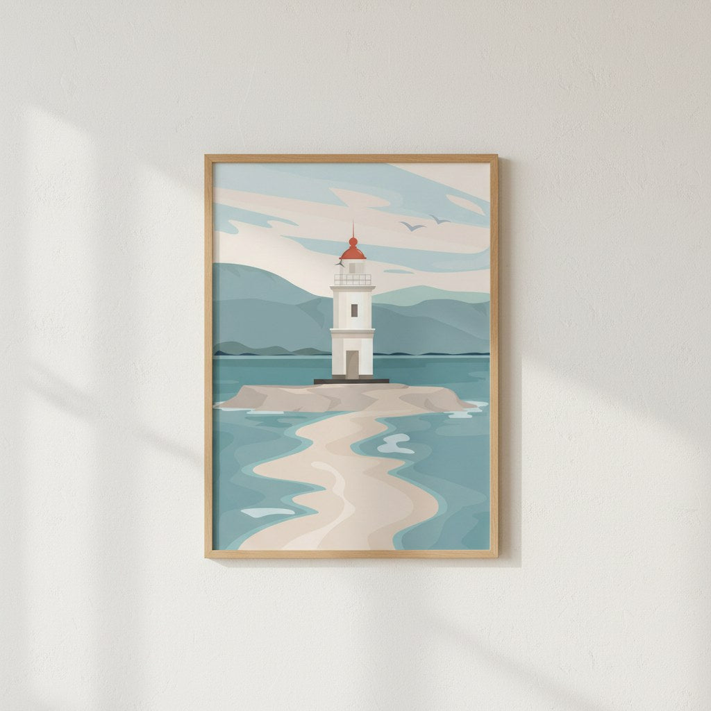 Kıyı temalı deniz feneri posteri, gölgeli beyaz duvarda ince ahşap çerçeveli