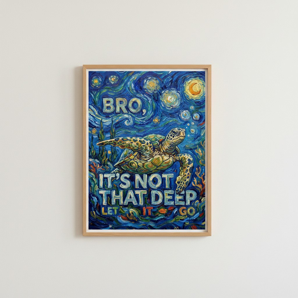 Van Gogh esintili kaplumbağa posteri, sade beyaz duvarda doğal ahşap çerçeveli