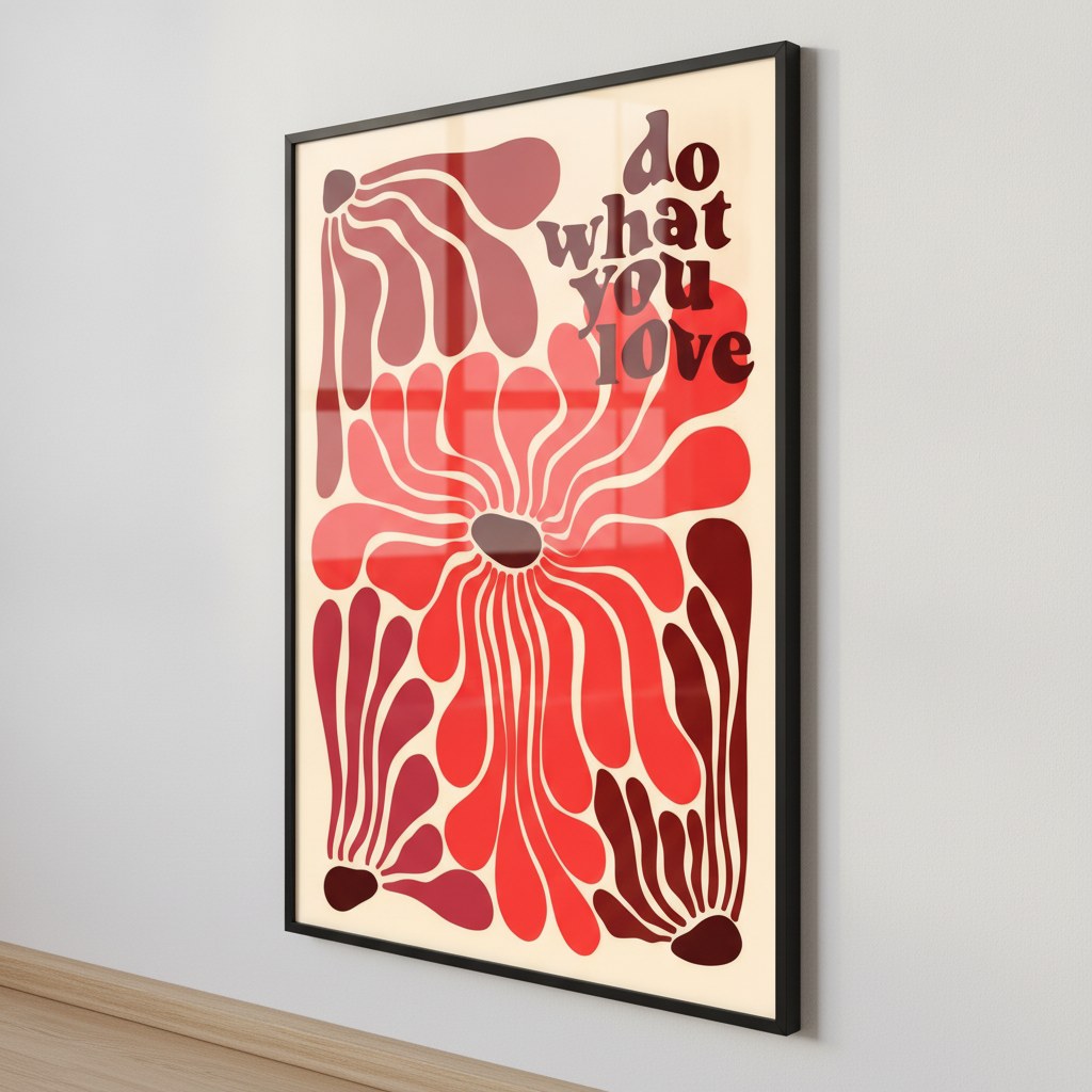 Do what you love motivasyon posterinin açılı yakın çekimi, siyah çerçeveli
