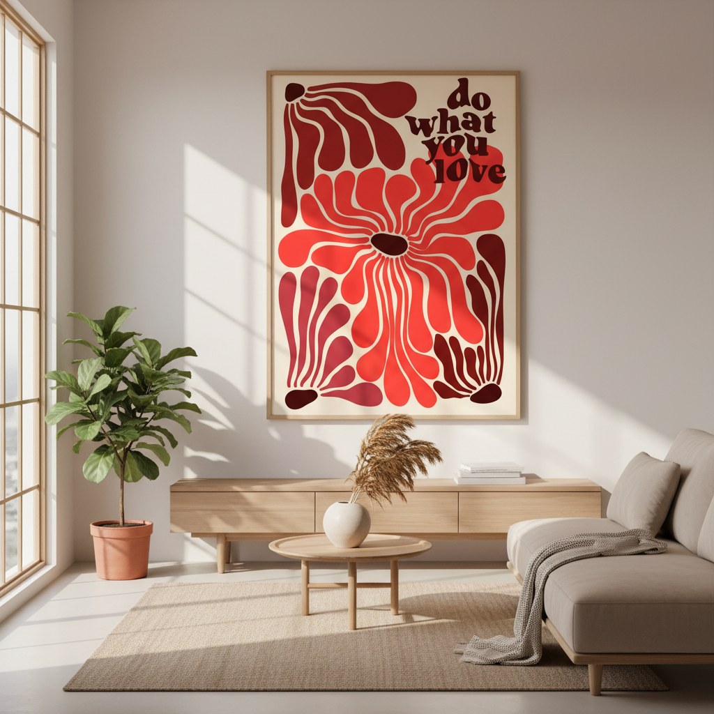 Retro çiçekli do what you love posteri, güneş alan salonda ahşap çerçeveli