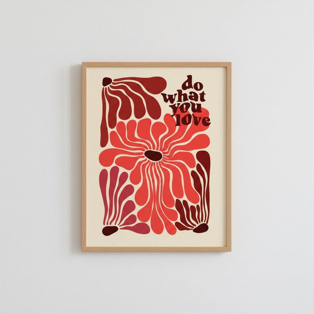 Do what you love yazılı retro çiçek posteri, beyaz duvarda ince ahşap çerçeveli