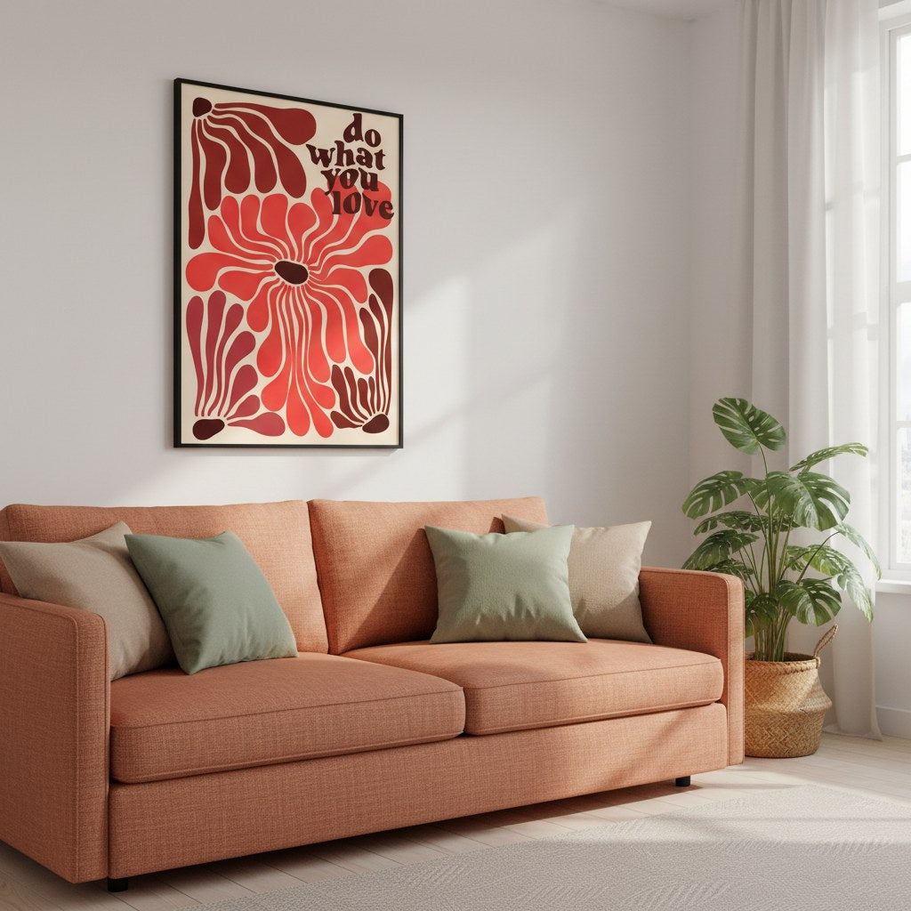 Do what you love posteri, kiremit rengi kanepenin üstünde siyah çerçeveli