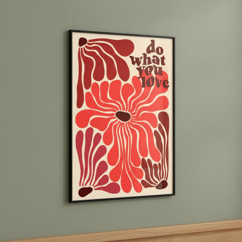 Retro çiçek desenli poster, adaçayı yeşili duvarda siyah çerçeveli