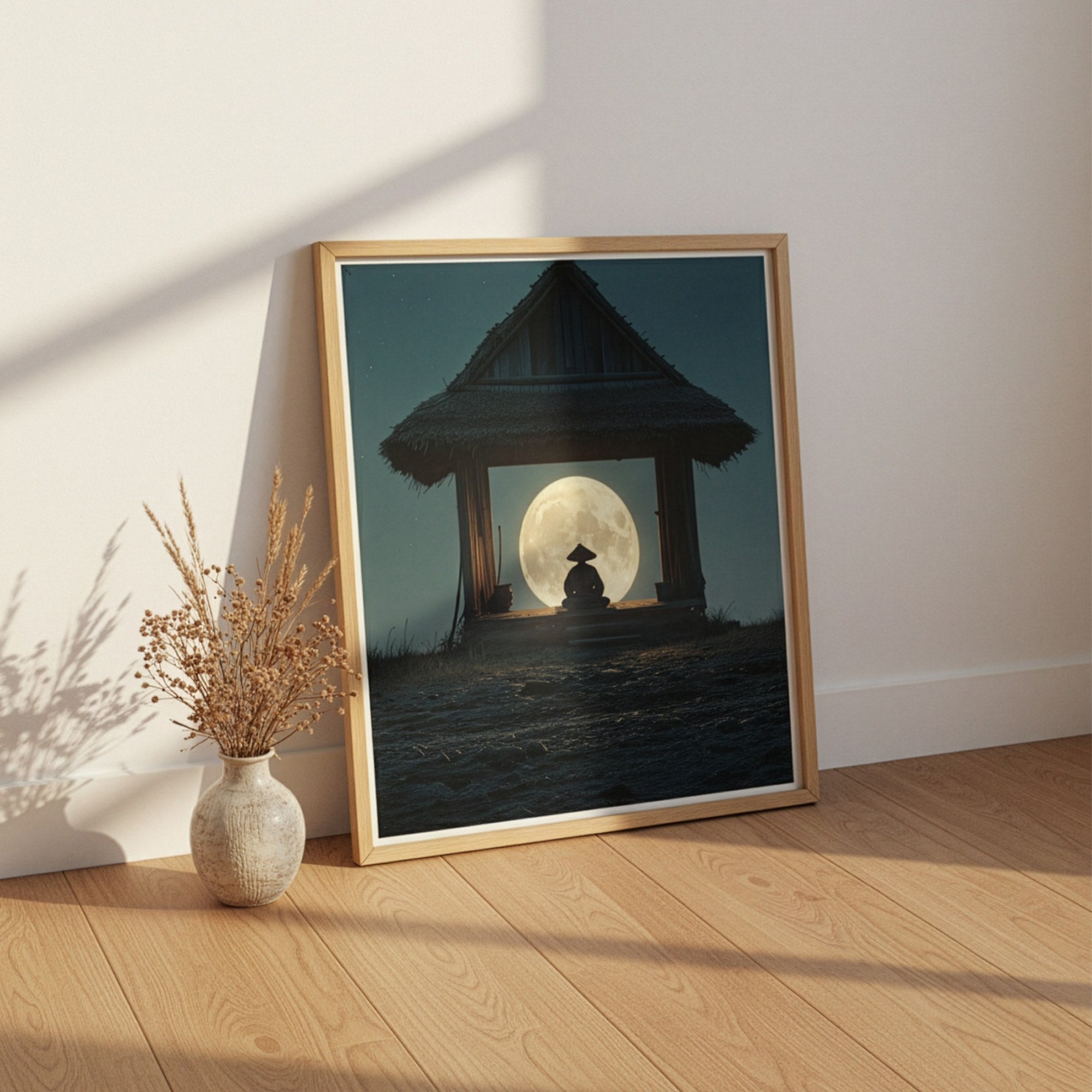 Dolunay ve meditasyon temalı Japon zen posteri, ahşap çerçeveli yere yaslanmış
