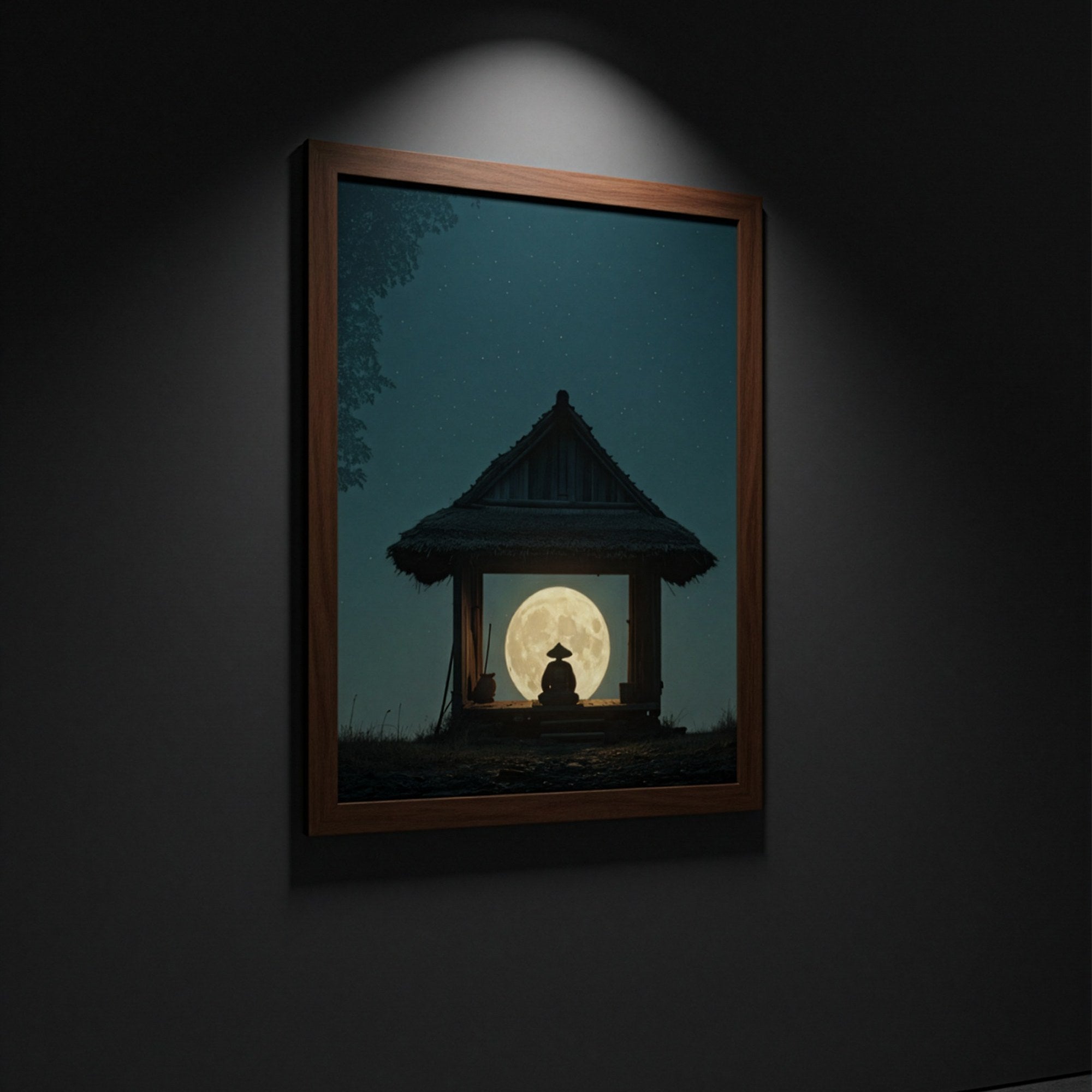 Meditasyon posteri, koyu duvarda spot ışık altında ahşap çerçeveli