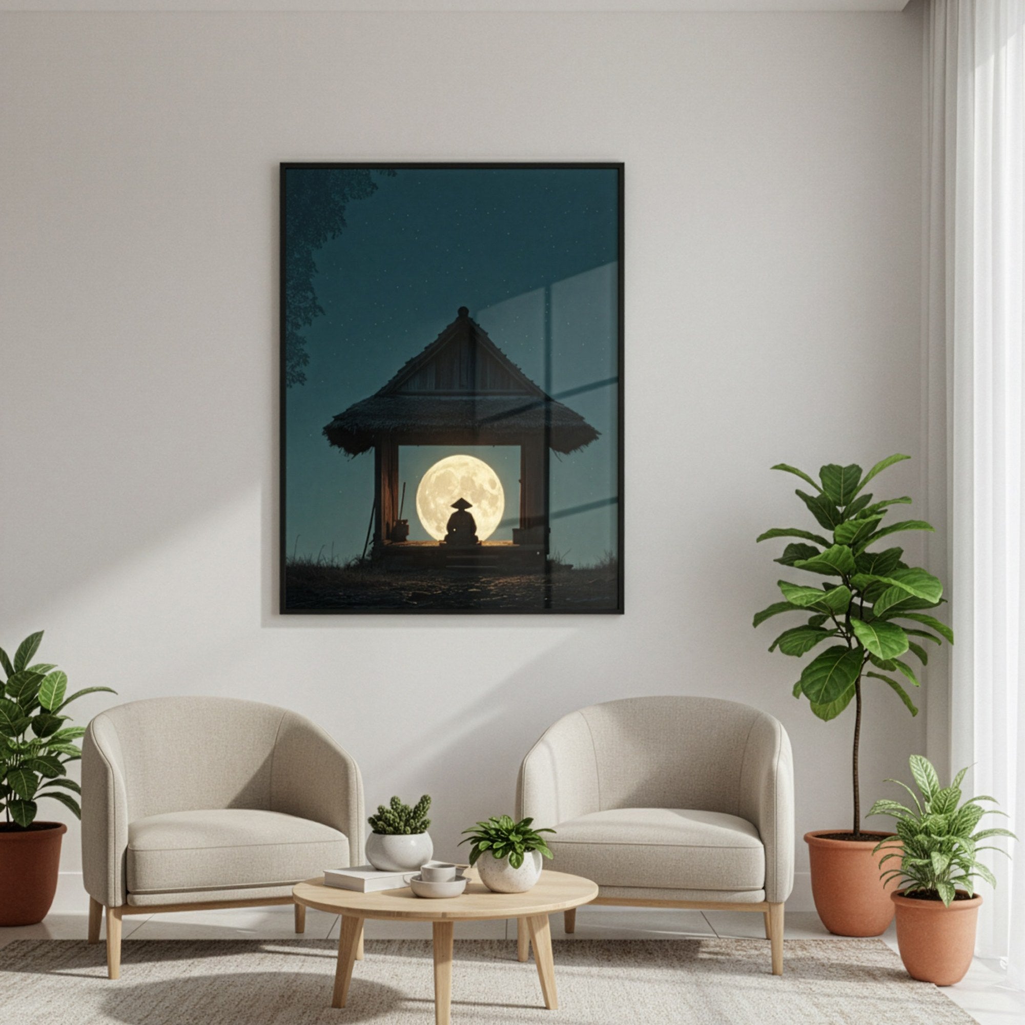 Zen meditasyon posteri, salon duvarında koltuk takımı üzerinde siyah çerçeveli