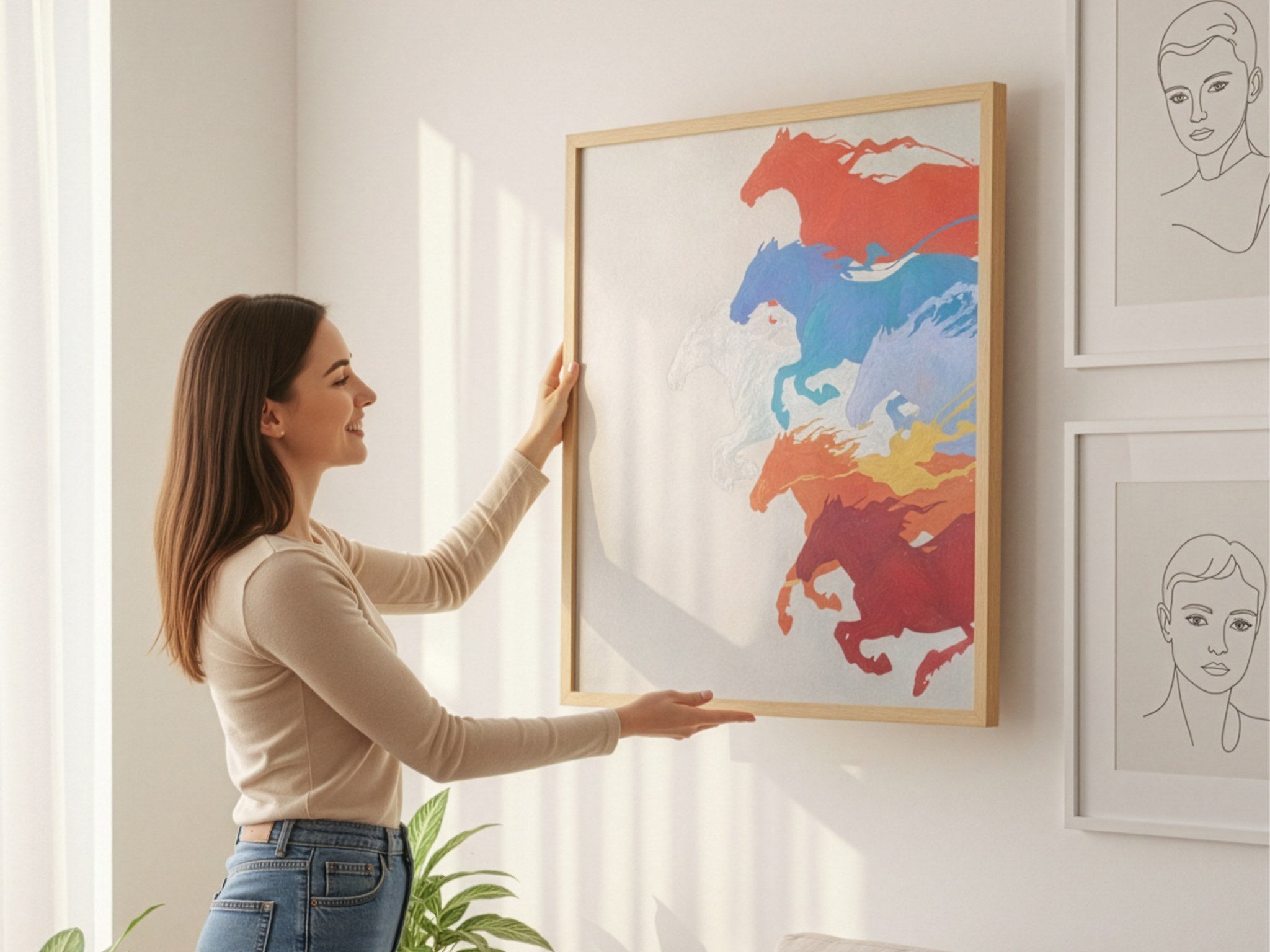 At posterini duvara yerleştiren kadın, çerçeveli posterin gerçek ölçüsünü gösteriyor