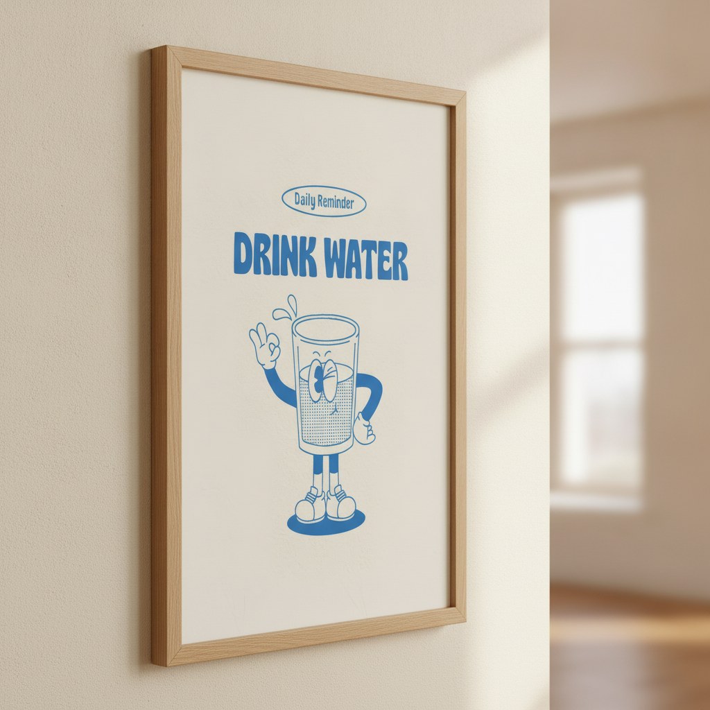 Drink Water posteri, krem duvarda geniş paspartulu doğal ahşap çerçeveli yandan görünüm