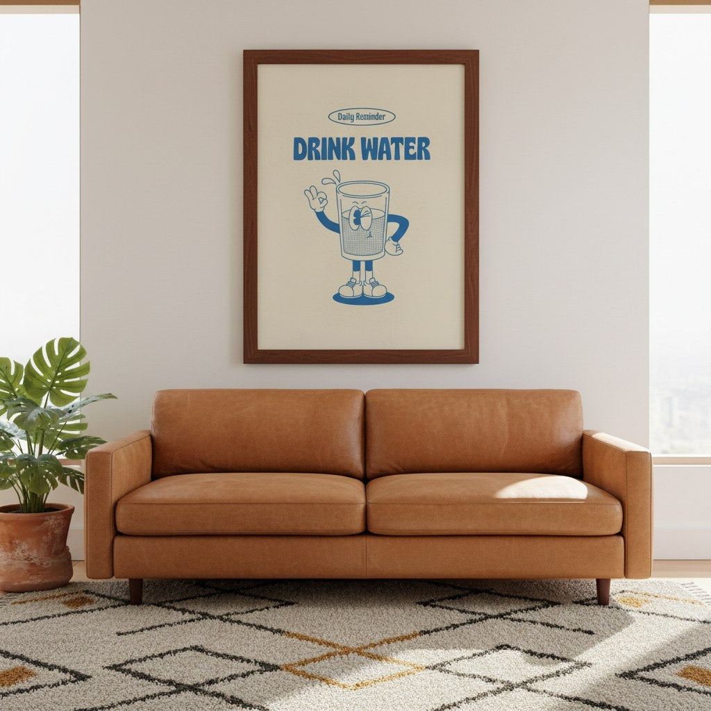 Retro su bardağı karakterli poster, salonda deri kanepenin üzerinde koyu ahşap çerçeveli