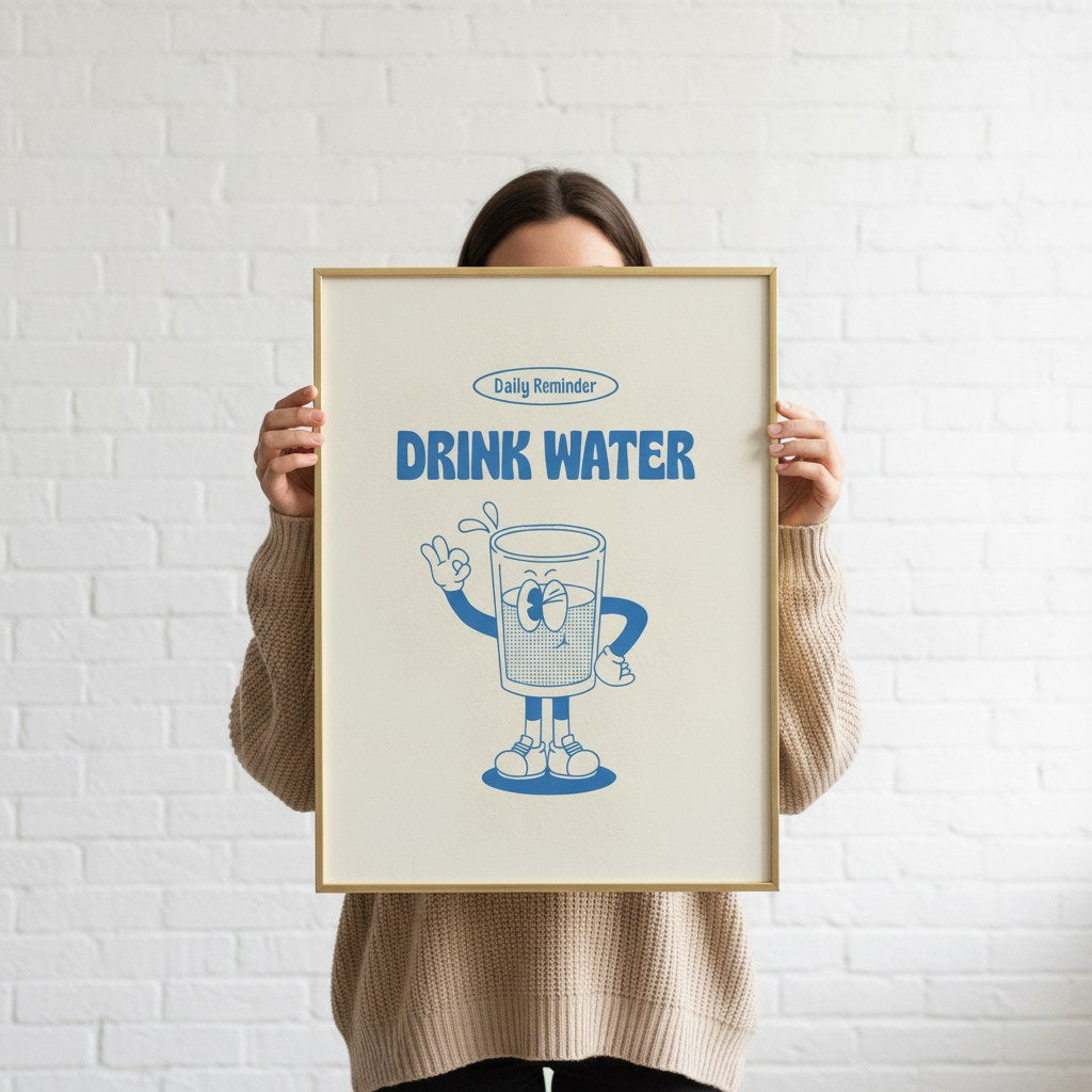 Drink Water posteri beyaz tuğla duvar önünde elde tutulurken ölçek karşılaştırması