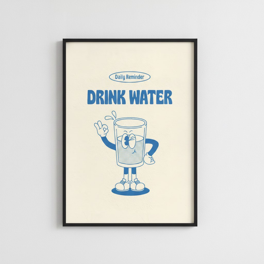 Drink Water yazılı retro karakter posteri, açık gri duvarda paspartulu siyah çerçeveli