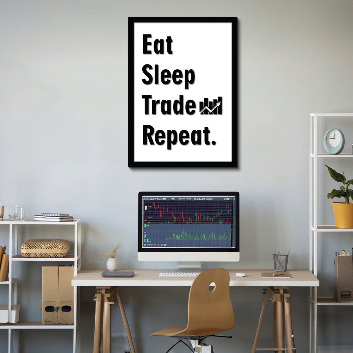 Eat Sleep Trade Repeat trader duvar dekoru, ofis ve çalışma odası için ekonomi temalı tipografik ahşap duvar sanatı