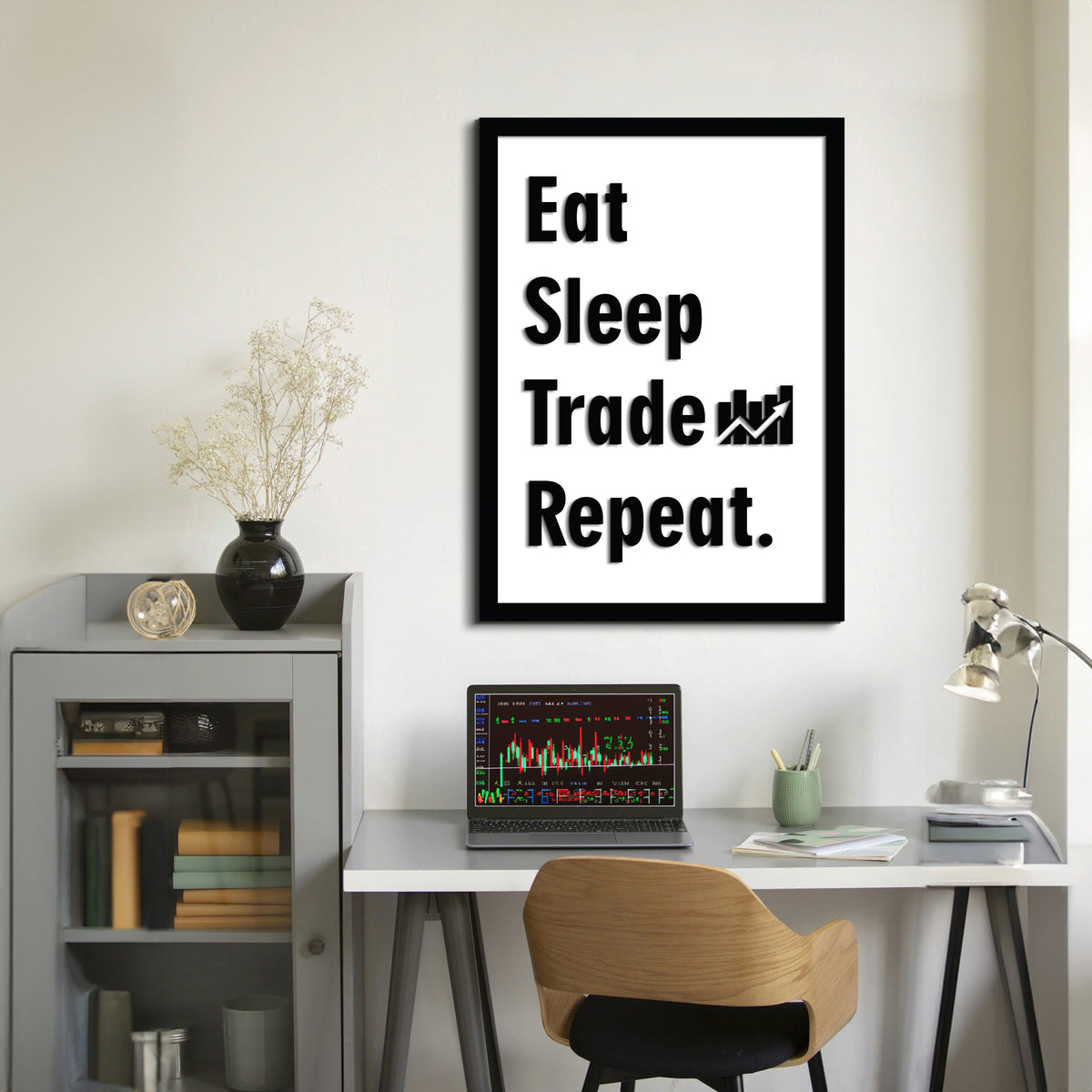 Eat Sleep Trade Repeat trader duvar dekoru, ofis dekorasyonu için tipografik tasarım, ürün detayı