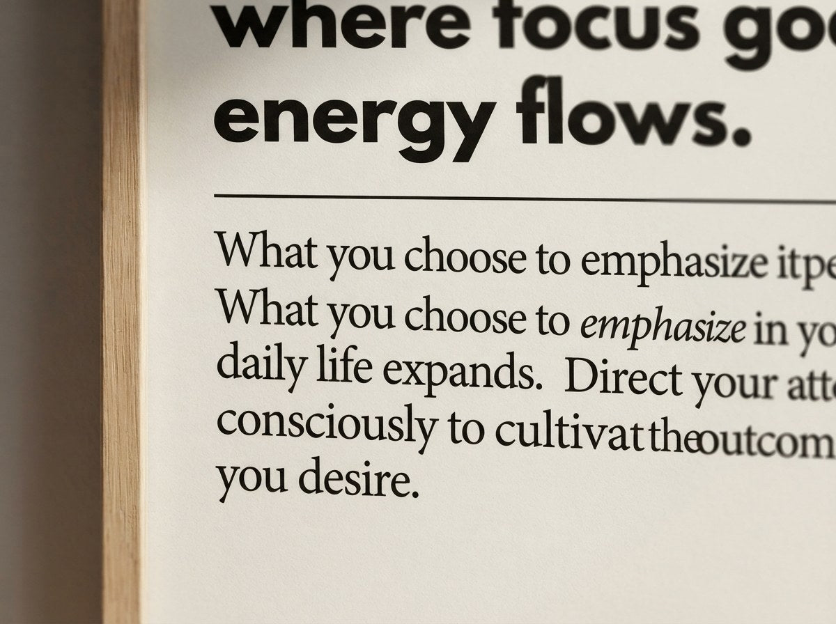 Where focus goes energy flows posteri yakın çekim, mat kağıt baskı ve ahşap çerçeve detayı