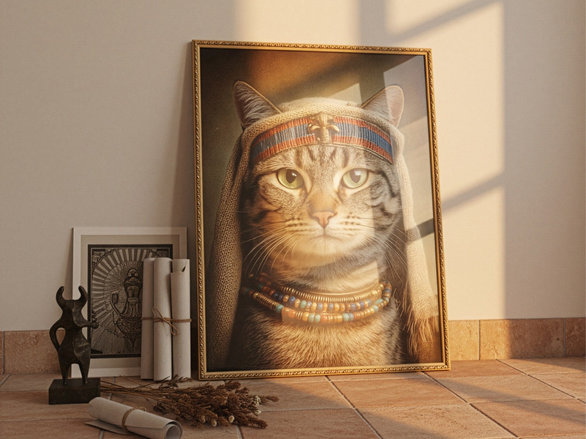 Firavun başlıklı kedi posteri, taş zeminde heykelciğin yanına yaslanmış klasik oymalı çerçeveli