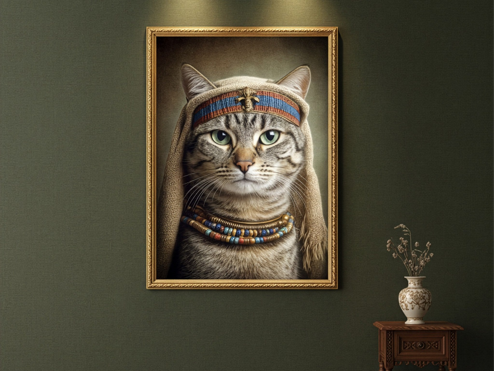 Firavun başlıklı kedi posteri, koyu yeşil duvarda konsolun üzerinde çerçeveli duvar dekorasyonu