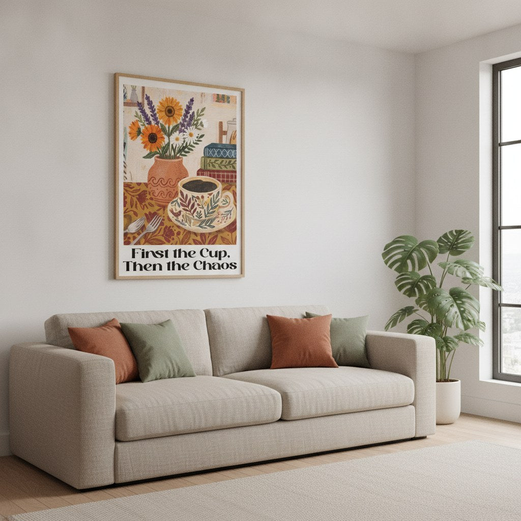 Folk art kahve posteri, salon duvarında kanepenin üzerinde ahşap çerçeveli